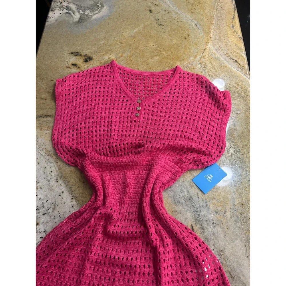 Cupshe Hot Pink Crochet Knit Swim Cover Up Dress Henley VNeck Small Beach Resort